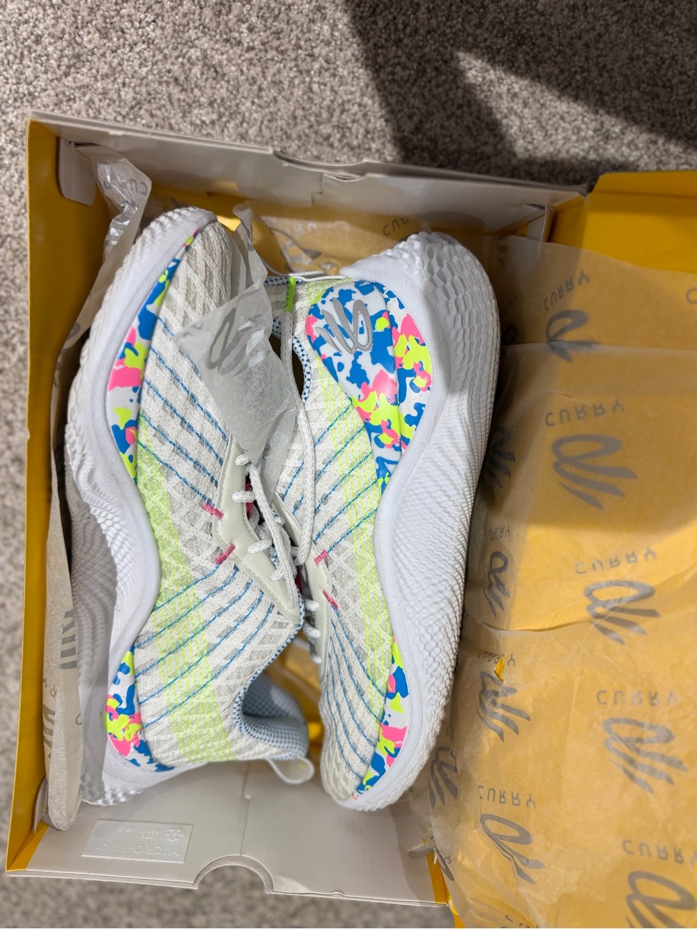 Under Armour White Sneakers with Neon Yellow, Blue and Pink Accents